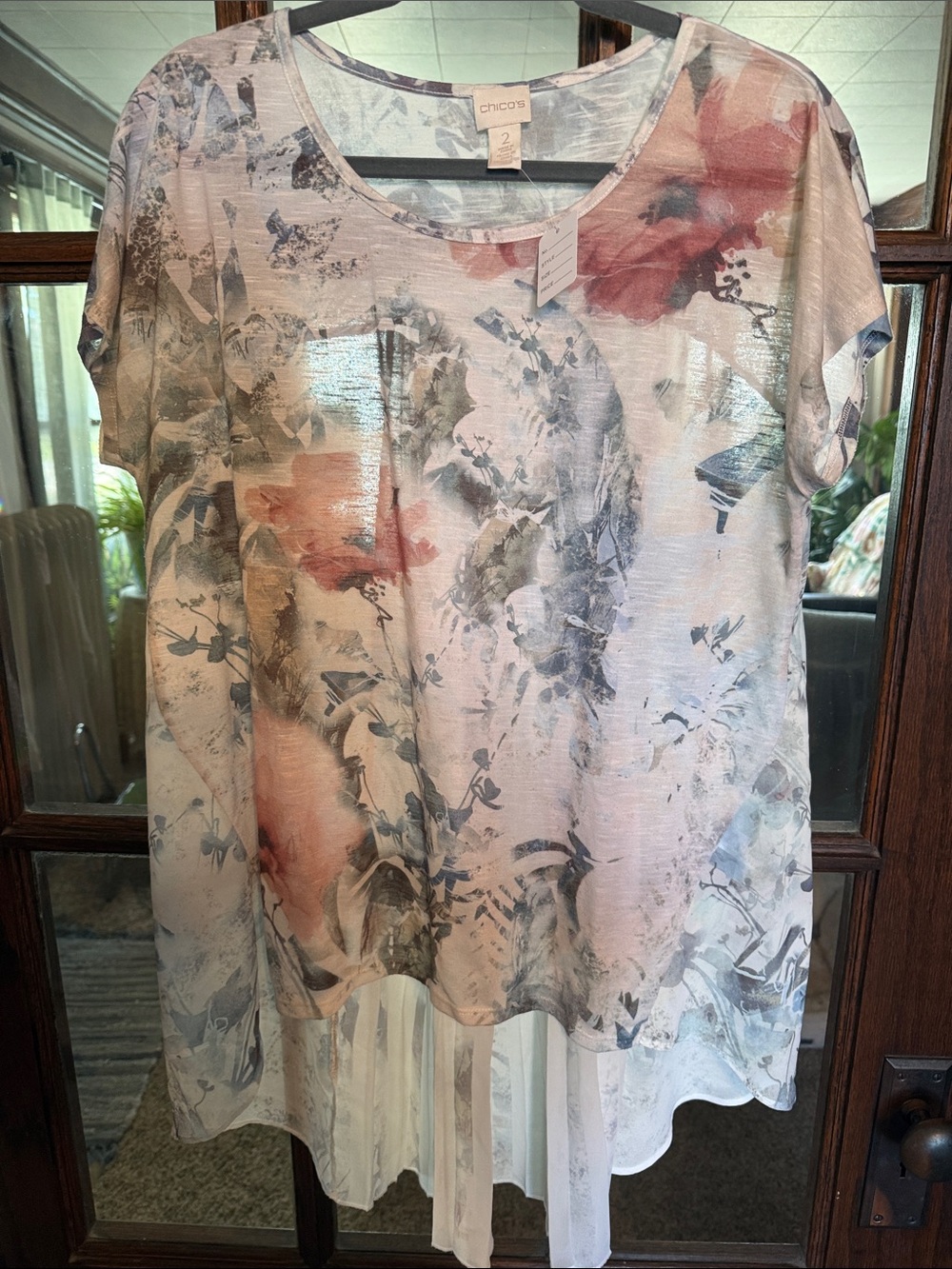 Chico's Floral Burnout Pleated Back High Low Tunic Top Size 2 Large XL Blue Pink